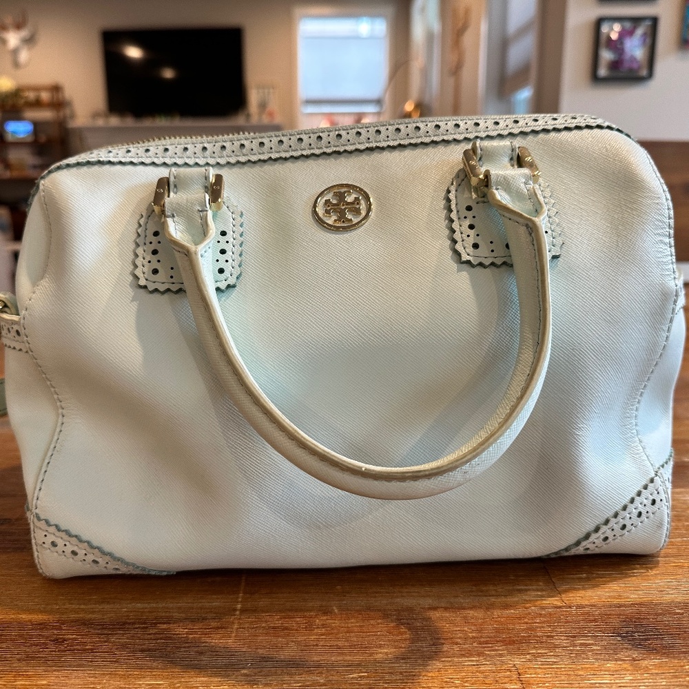 Tory Burch ROBINSON SATCHEL Light Blue With Detachable Strap